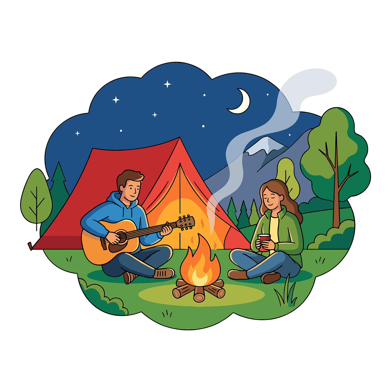 Camping illustration Campfire night Outdoor camping