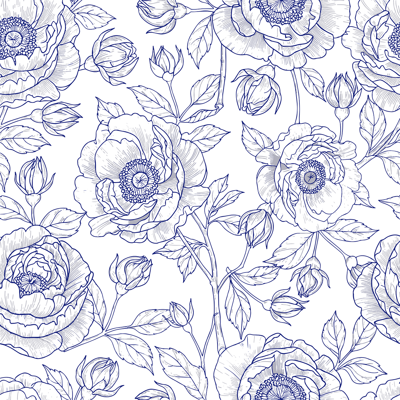 Blue floral pattern Vintage flower illustration Botanical line art