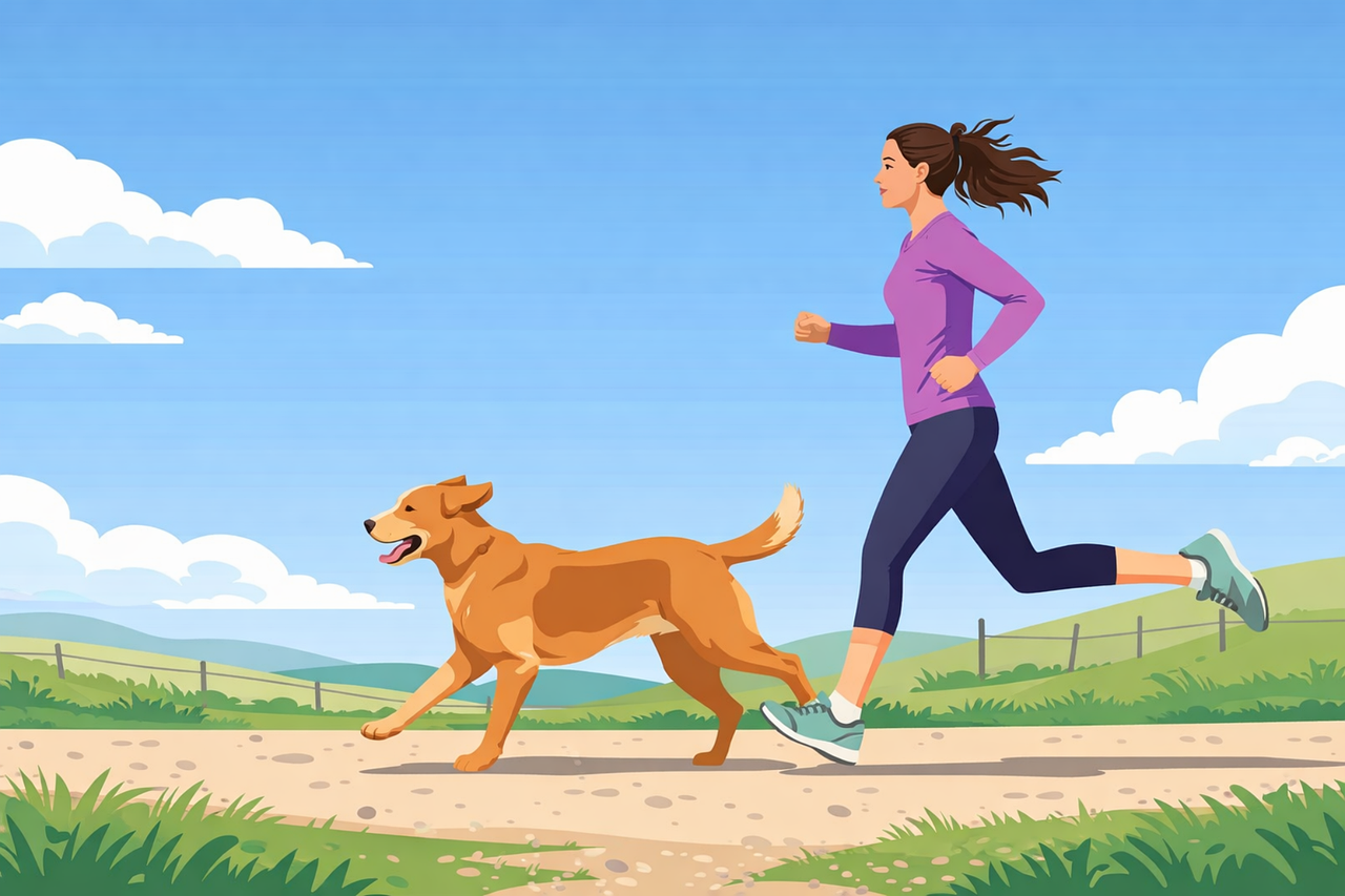 Woman running with dog Jogging dog owner Runner with pet