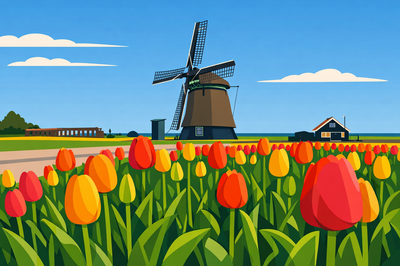 Netherlands Dutch windmill Tulips